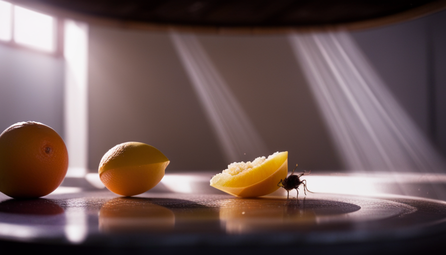 An image capturing the interior of a well-lit room, where a sunbeam cuts through the air, revealing a cluster of minuscule flies buzzing around a decaying fruit, while others hover near a damp sink