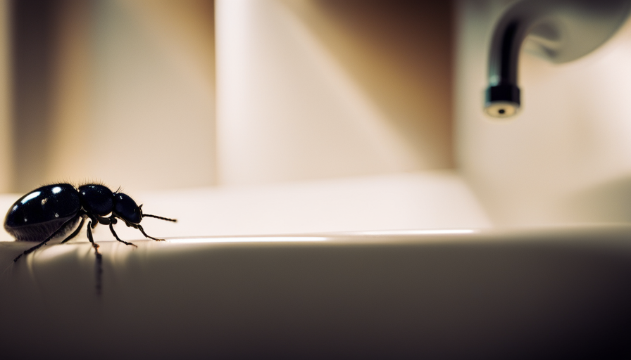 An image capturing a close-up view of a pristine white bathroom sink, dotted with countless minuscule black specks, while a solitary black bug crawls across its gleaming surface, under the warm glow of a sunlit window
