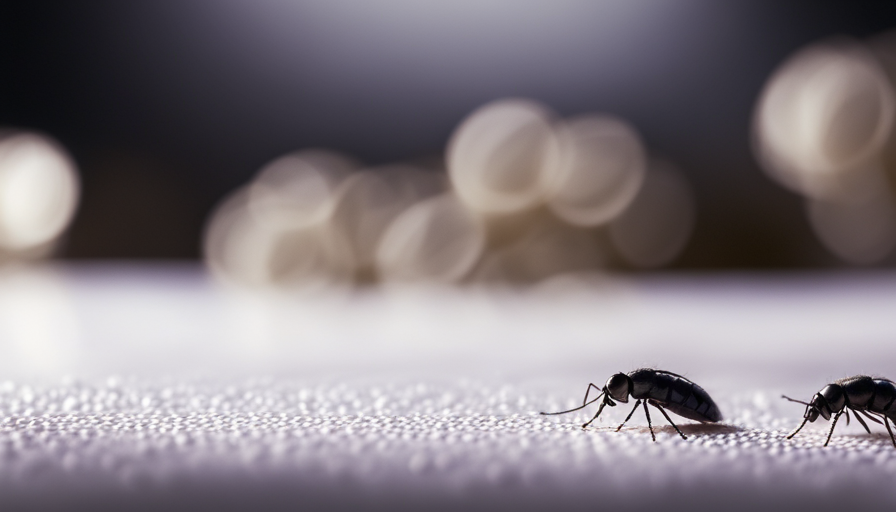 An image showcasing a pristine white kitchen countertop with a cluster of minuscule black insects, their glossy exoskeletons glinting under soft, warm light, evoking curiosity about the elusive tiny black bugs lurking in our homes