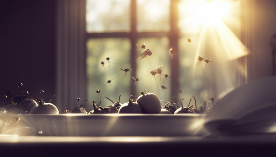 An image that showcases a close-up view of a kitchen window, with a swarm of minuscule, translucent flies hovering around a ripened fruit bowl, while rays of sunlight penetrate through the glass, illuminating their delicate wings