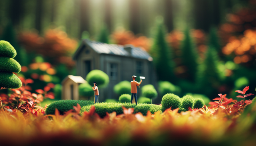 An image showcasing a serene forest setting, with a tiny house nestled amidst towering trees