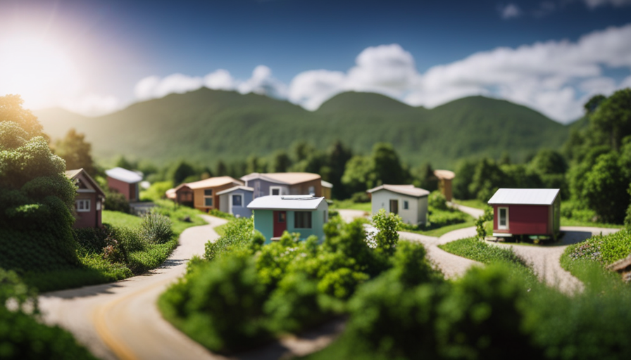 An image showcasing a picturesque landscape with a variety of tiny houses in different architectural styles nestled among lush greenery
