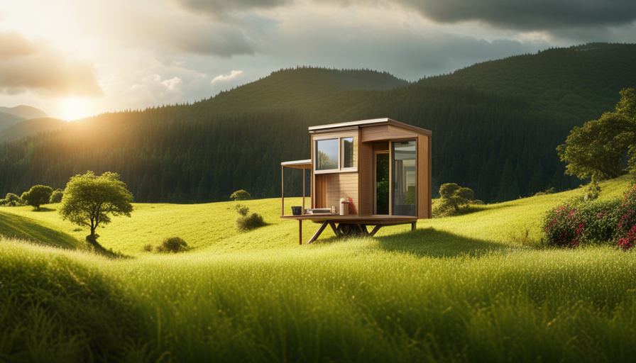 An image showcasing a cozy, self-sufficient tiny house nestled amidst a serene natural landscape, with solar panels on the roof, a vegetable garden, and a rainwater collection system, symbolizing the affordability and eco-friendliness of living in a tiny home