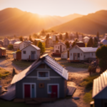 An image showcasing a captivating aerial view of a sprawling tiny house village, revealing the diversity of ingenious designs and the largest one amongst them, complete with stunning exteriors and clever architectural features
