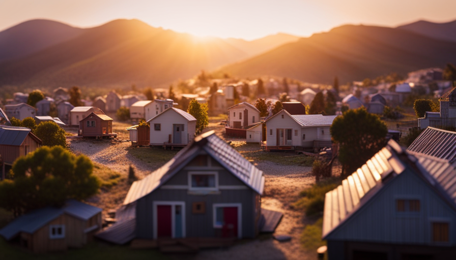 An image showcasing a captivating aerial view of a sprawling tiny house village, revealing the diversity of ingenious designs and the largest one amongst them, complete with stunning exteriors and clever architectural features