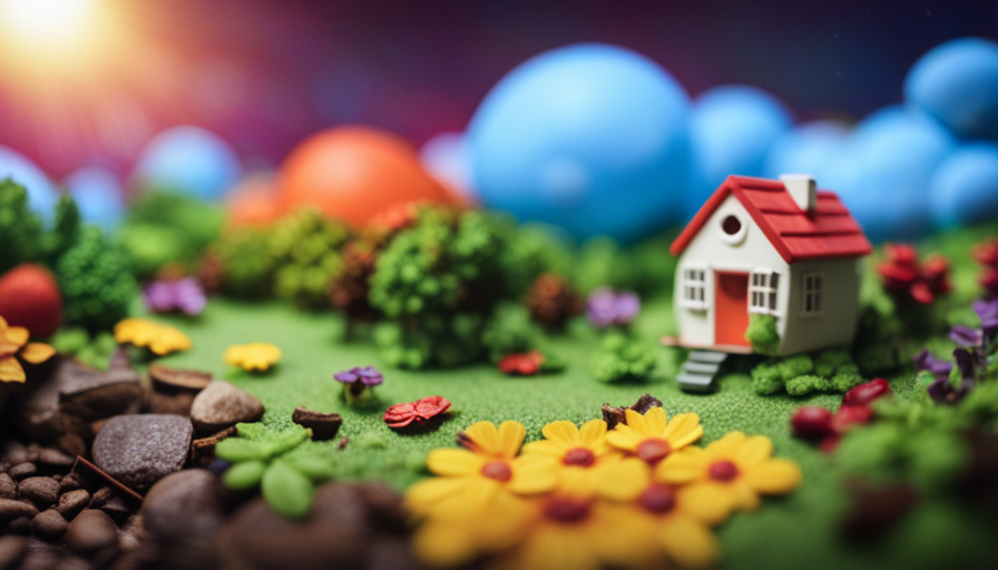 An image showcasing a vividly colorful, picturesque landscape with a tiny house nestled within