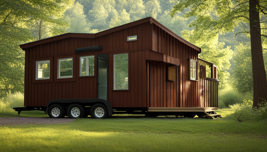 An image showcasing a quaint, rustic cabin perched on wheels, nestled in a serene woodland setting