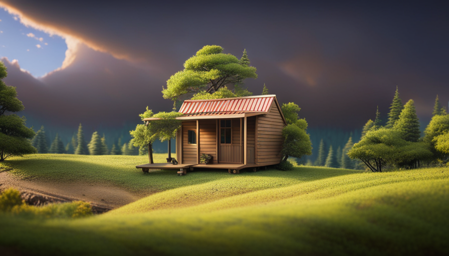 An image showcasing a picturesque landscape with a cozy, eco-friendly tiny house nestled amongst towering pine trees