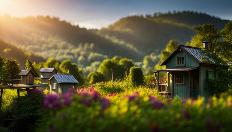 An image of a peaceful wooded landscape, showcasing a picturesque village of charming, intricately designed tiny houses nestled amongst the trees, each with unique features like solar panels, rooftop gardens, and cozy porches