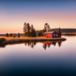 An image depicting a picturesque lakeside setting in Minnesota, showcasing a charming tiny house nestled amidst towering pine trees