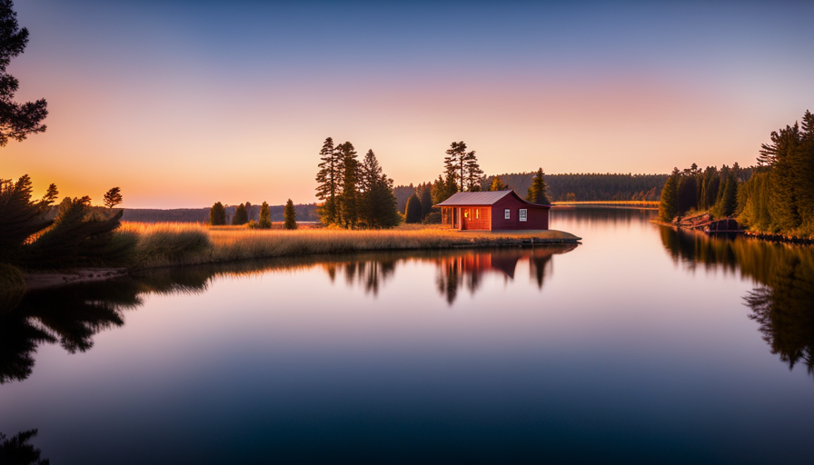 An image depicting a picturesque lakeside setting in Minnesota, showcasing a charming tiny house nestled amidst towering pine trees