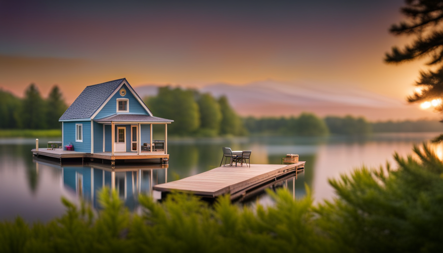 An image showcasing a serene lakeside setting in Wisconsin, with lush greenery, a tiny house nestled among towering pine trees, and a picturesque lake view, inviting readers to explore ideal parking spots for their tiny homes