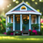 An image showcasing a charming tiny house nestled amidst the lush greenery of a serene Florida backyard, complete with palm trees swaying in the gentle breeze and vibrant flowers blooming in full splendor