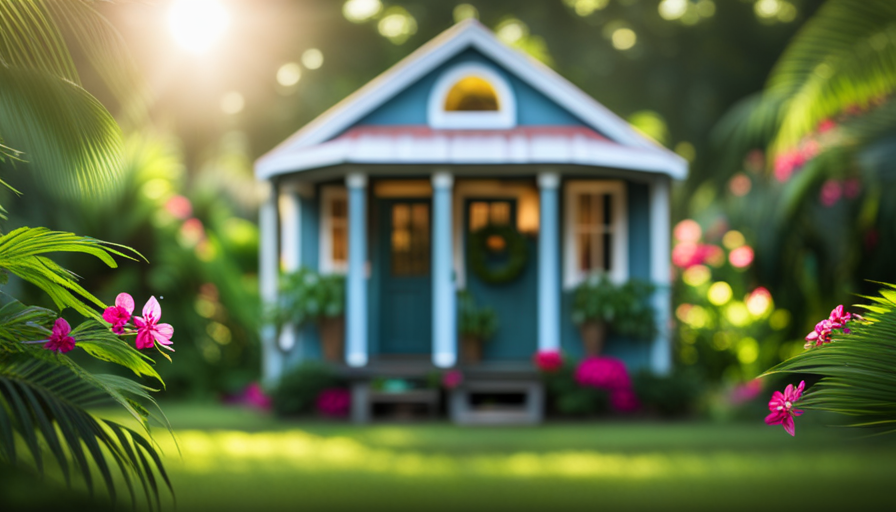 An image showcasing a charming tiny house nestled amidst the lush greenery of a serene Florida backyard, complete with palm trees swaying in the gentle breeze and vibrant flowers blooming in full splendor