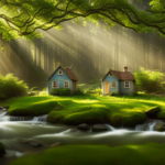 An image showcasing a lush forest clearing, dappled with sunlight, where a charming tiny house is nestled amongst towering trees, surrounded by a babbling brook that meanders through the tranquil landscape