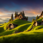 An image showcasing a picturesque hillside with a lush, vibrant meadow leading to a cozy, whimsical Hobbit House nestled amidst towering trees, inviting viewers to discover the enchanting accommodations it offers