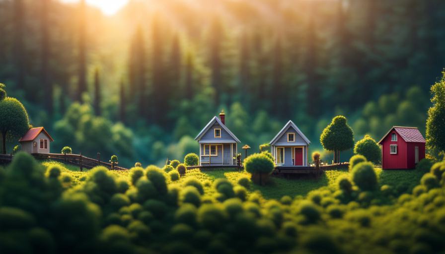 An image showcasing a lush forested landscape, dotted with charming tiny houses nestled among towering trees, their vibrant exteriors contrasting with the verdant surroundings, inviting readers to explore the closest tiny house community
