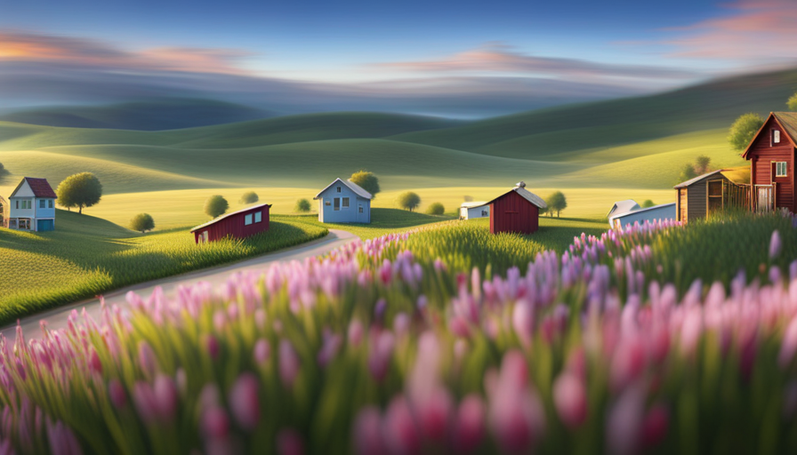 An image that showcases a serene countryside landscape with rolling hills, adorned with charming, brightly colored tiny houses on wheels