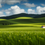 An image showcasing a picturesque countryside with lush green fields and a row of charming, aesthetically designed tiny houses nestled harmoniously amidst nature