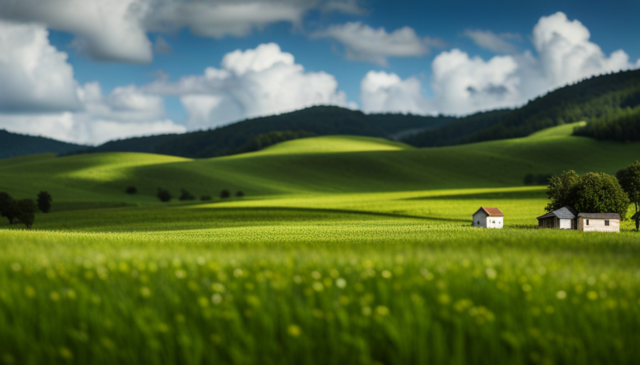 An image showcasing a picturesque countryside with lush green fields and a row of charming, aesthetically designed tiny houses nestled harmoniously amidst nature