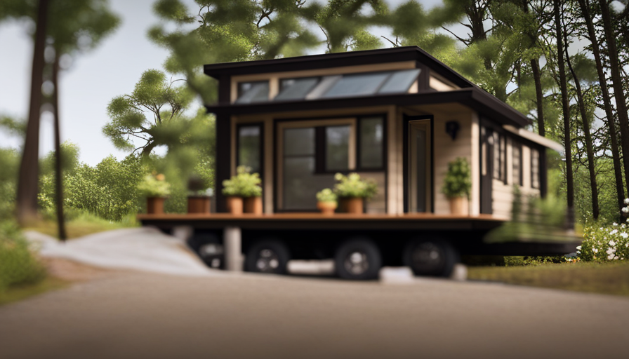 An image showcasing a picturesque landscape with a stunning Tesla Tiny House nestled amidst towering pines