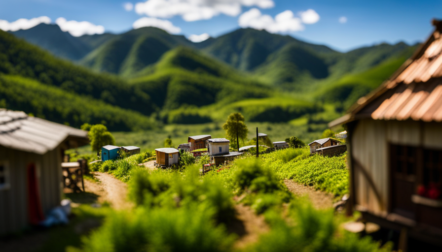An image showcasing a picturesque landscape with a charming village of tiny houses nestled amidst lush greenery