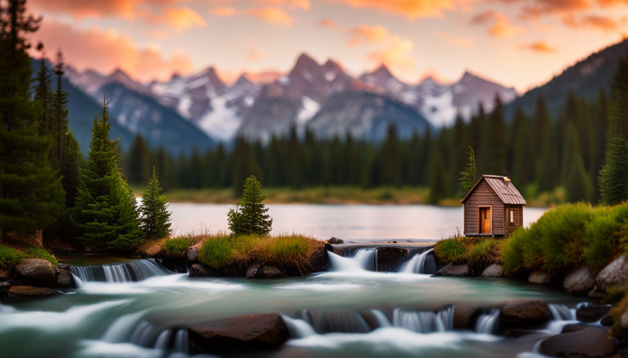 An image showcasing a picturesque landscape with a tiny house nestled among towering pine trees, surrounded by a babbling brook, and a breathtaking view of snow-capped mountains in the distance