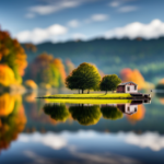 An image showcasing a picturesque landscape in Pennsylvania, revealing a serene lake surrounded by lush green forests, with a tiny house nestled on the edge of a clearing, perfectly blending into the natural surroundings