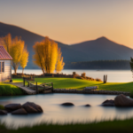 An image showcasing a serene riverside landscape with a picturesque tiny house nestled under towering willow trees, surrounded by a charming wooden fence, and a quaint stone pathway leading to the entrance