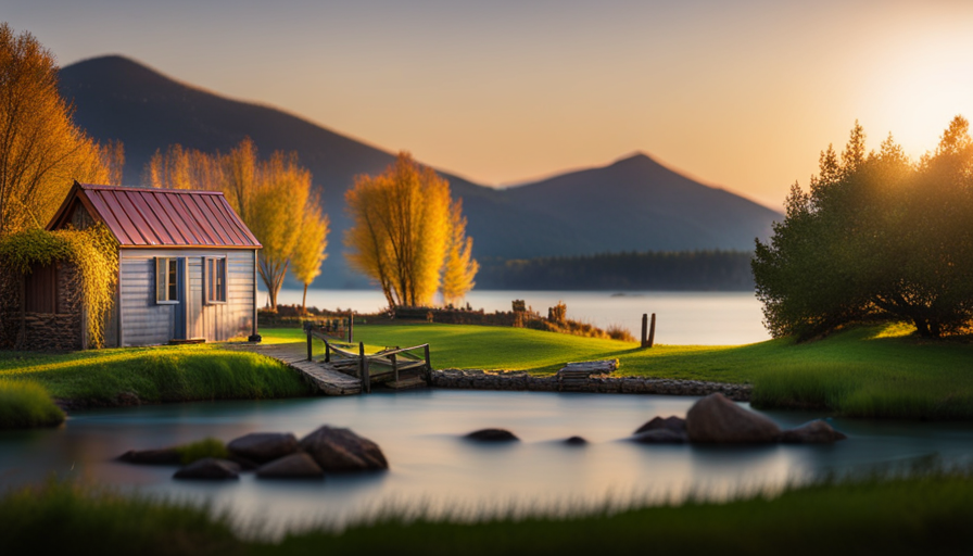 An image showcasing a serene riverside landscape with a picturesque tiny house nestled under towering willow trees, surrounded by a charming wooden fence, and a quaint stone pathway leading to the entrance