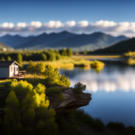 An image showcasing the picturesque mountains surrounding Denver, with a tiny house nestled near a serene lake, surrounded by lush forests, and conveniently located near the city's vibrant downtown