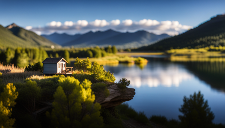 An image showcasing the picturesque mountains surrounding Denver, with a tiny house nestled near a serene lake, surrounded by lush forests, and conveniently located near the city's vibrant downtown