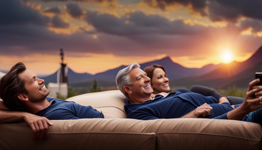 An image showcasing a cozy living room, adorned with wall-mounted TV, as a couple relaxes on a stylish sofa, engrossed in an episode of Tiny House Nation playing on the screen