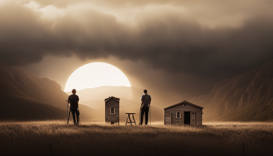 An image featuring a deserted, dim-lit set of the Tiny House Nation show, with the hosts' empty chairs, faded props, and dusty tools, evoking a sense of melancholy and abandonment