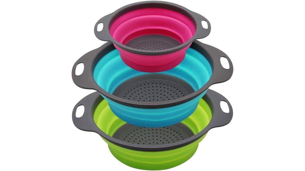 three collapsible silicone strainers
