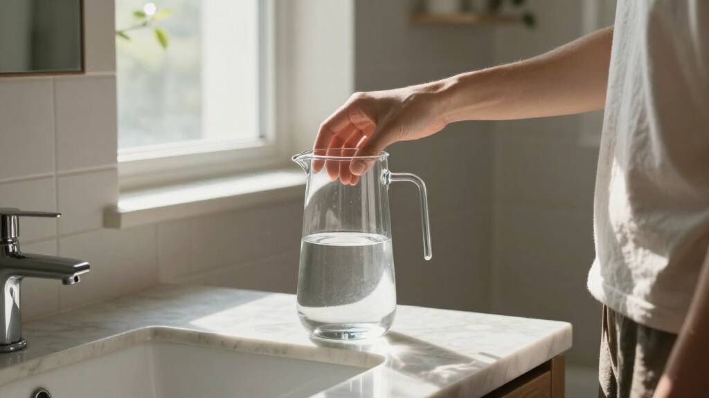 I Put A Glass Pitcher In My Bathroom, And It’s The Chicest Storage Trick